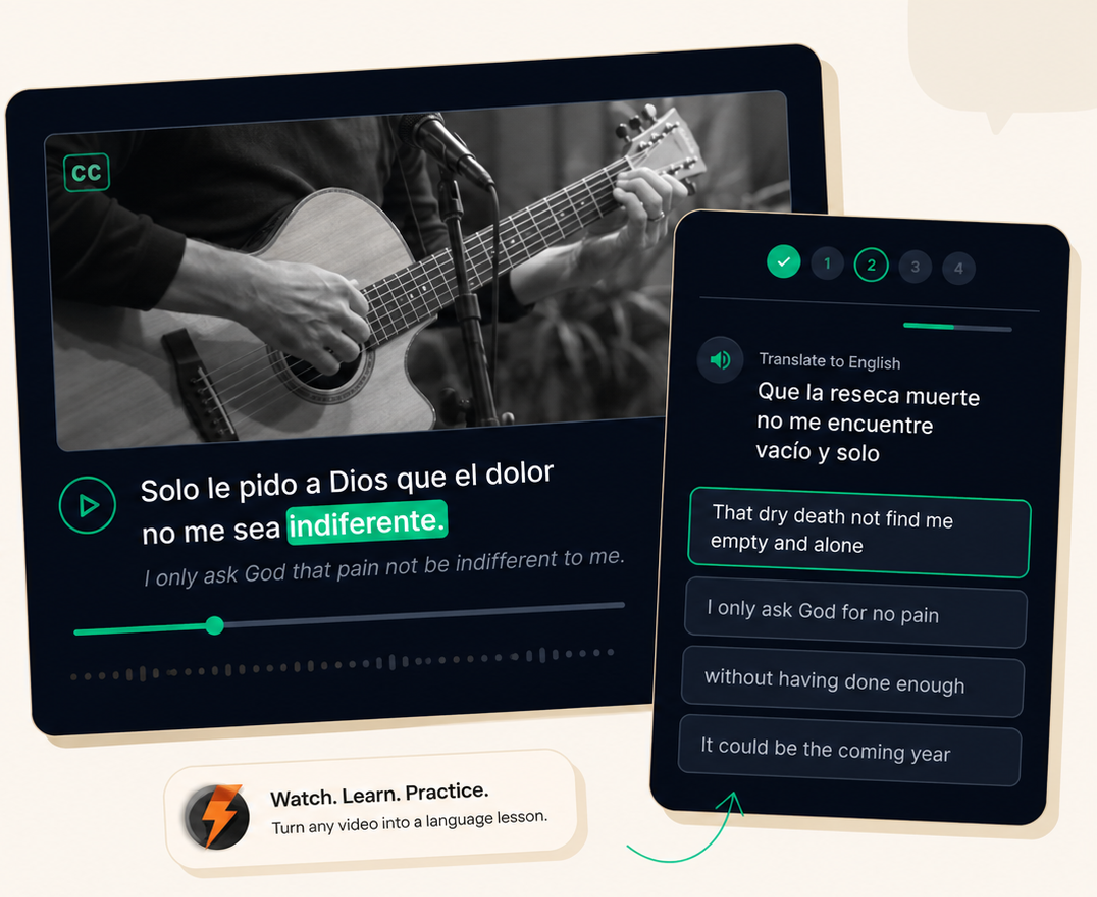 Langlets synchronized video transcript, translation, and vocabulary exercises